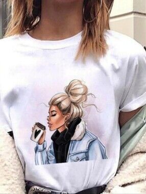 New Coffee Girl Graphic Tee - Messy Bun & Denim Jacket White